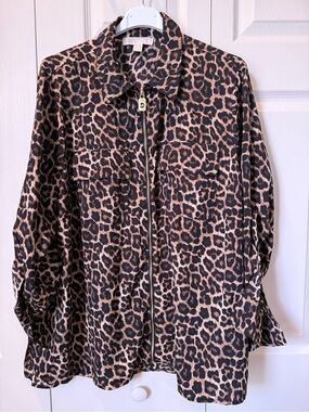 # Michael Kors 2X Leopard Zip-Front Blouse - Black & Tan